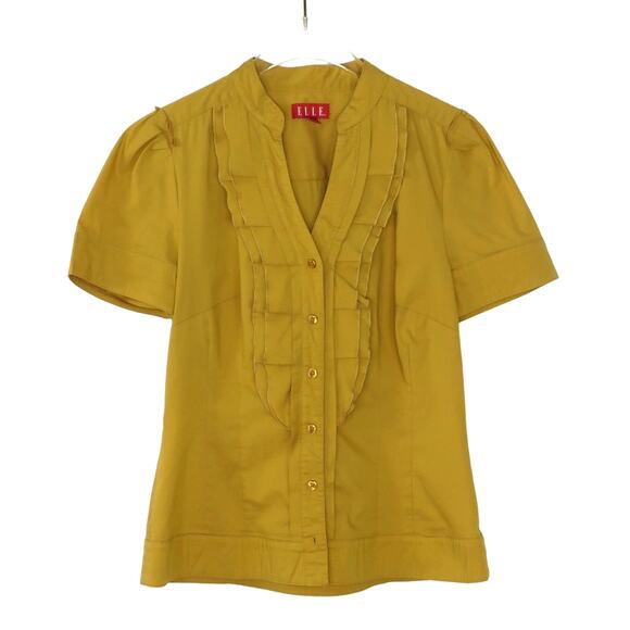 Y2k Elle Mustard Yellow Ruffle Button Down Blouse XS Twee Retro Glam - Picture 1 of 6